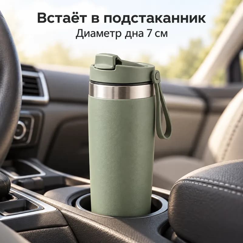 Термокружка в подстаканнике автомобиля, надпись «Встаёт в подстаканник»