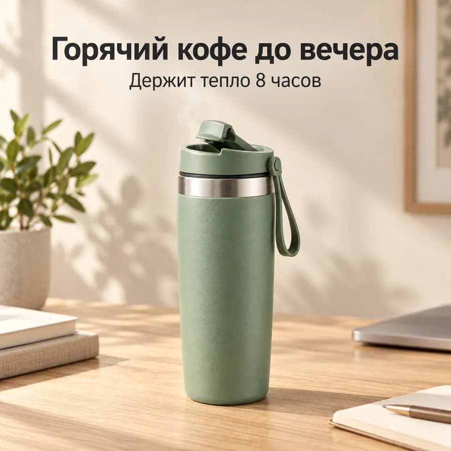 Термокружка на столе, надпись «Горячий кофе до вечера»